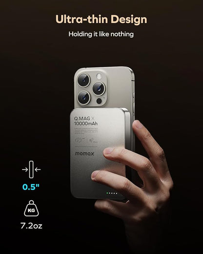 MOMAX Magnetic Power Bank 10000mAh, 20W Fast Charging, Wireless Portable Charger for iPhone 16/15/14/13/12 Series, Magsafe Compatible, USB-C Cable Included