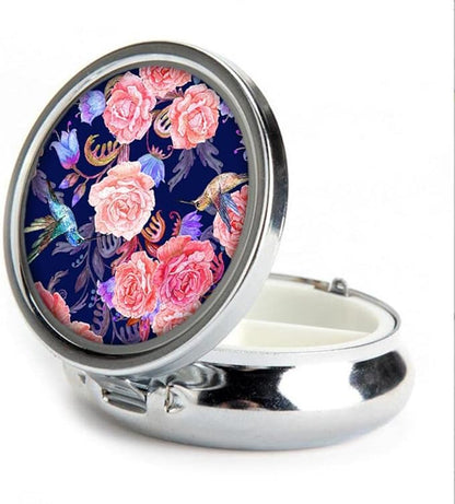 Pill Box,Flowers and Hummingbirds Round Pill Box 3 Compartment Decorative Pocket Purse Portable Mini Travel Medicine Tablet Vitamin Holder Organizer Pill Case