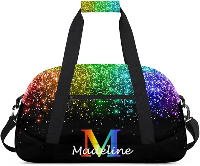 Personalized Kids Sports Duffel Bag with Name Custom Weekender Overnight Bag for Boys Girls Gym Bag Travel Dance Gymnastics Duffel Bag, Rainbow Glitter