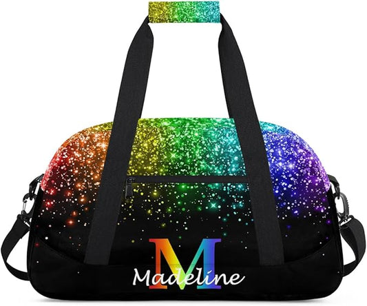 Personalized Kids Sports Duffel Bag with Name Custom Weekender Overnight Bag for Boys Girls Gym Bag Travel Dance Gymnastics Duffel Bag, Rainbow Glitter