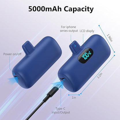 Mini Portable Charger for iPhone,Upgraded 5000mAh PD Fast Charging Battery Pack,LCD Display Cute Power Bank Portable Phone Charger for iPhone 14/14 Pro Max/13/13 Pro/12 Pro/11/XS/XR/X/8/7/6-Deep Blue