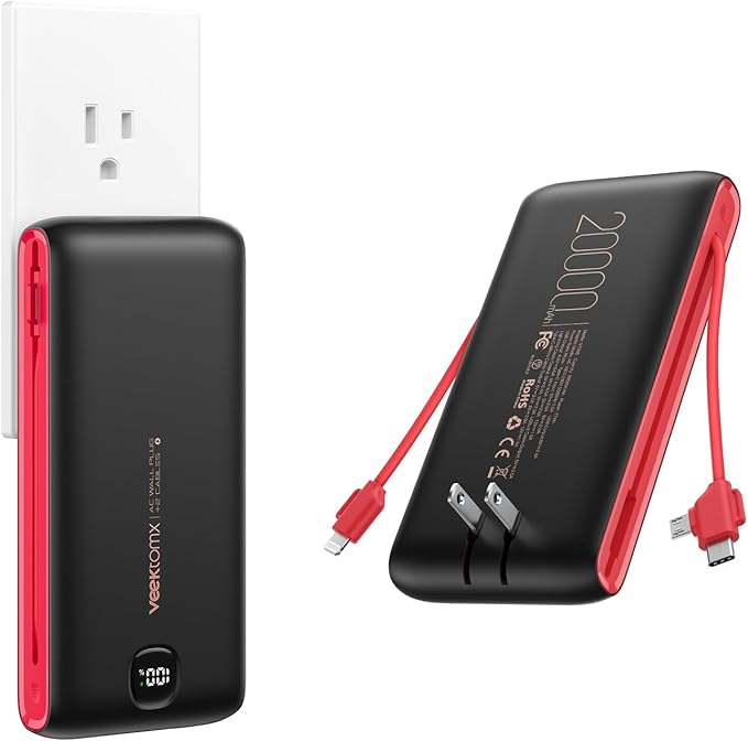 VEEKTOMX Portable Charger with Built in Cables 20000mAh, Power Bank for iPhone with AC Wall Plug, Fast Charging USB C Slim Battery Pack with LED Display Compatible with iPhone15/14/13, Samsung