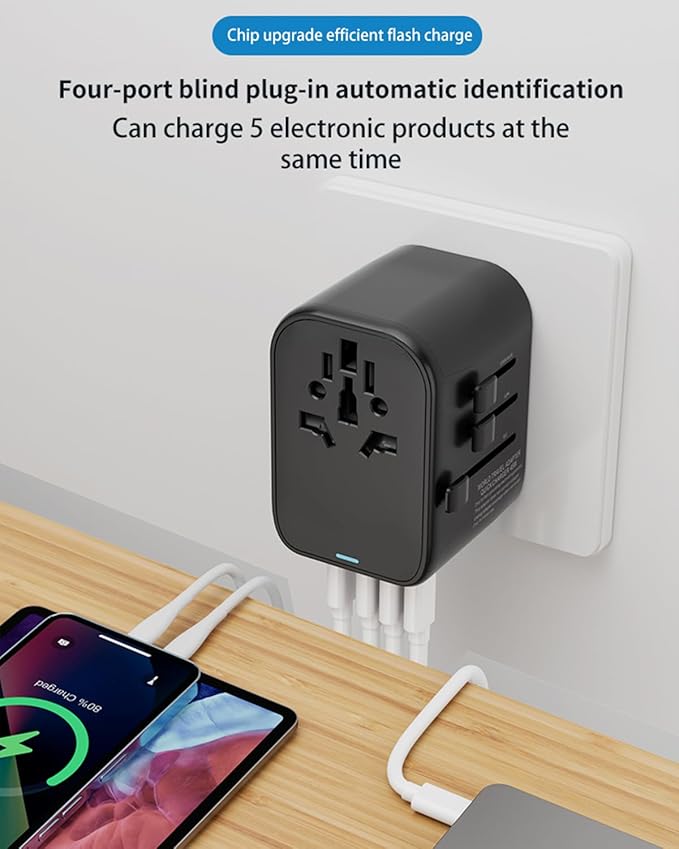 GaN 45W Universal Travel Adapter, International Power Adapter with 5-Port PD Fast Charging (2 USB-C, 2 USB-A, 1 AC) - 100V-240V Travel Adapter Worldwide Plug for US EU UK AUS Asia (Type A/C/G/I)