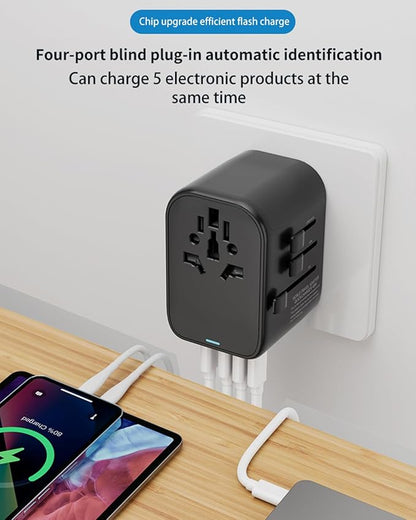 GaN 45W Universal Travel Adapter, International Power Adapter with 5-Port PD Fast Charging (2 USB-C, 2 USB-A, 1 AC) - 100V-240V Travel Adapter Worldwide Plug for US EU UK AUS Asia (Type A/C/G/I)