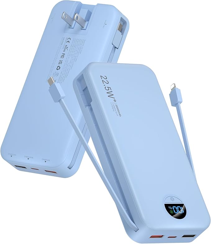 Portable Charger Power Bank, 20000mAh 22.5W USB C Fast Charging with Built-in Cables & Wall Plug, External Battery Pack with LED Display, Travel Essentials for iPhone, iPad, Samsung Blue