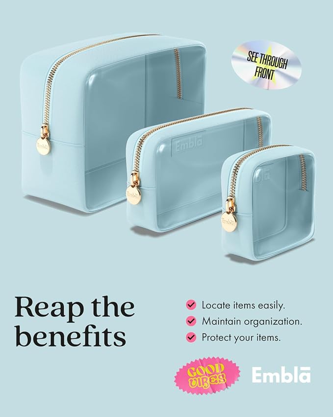 Embla Clear Cosmetic Bags Set of 3, Mini Small Large Makeup Bags For Women Clear Pouch Cosmetics Cases Zipper Cute Pouches Make Up Travel Toiletry Essentials Preppy Purse Organizer Makeup Cases, Sky