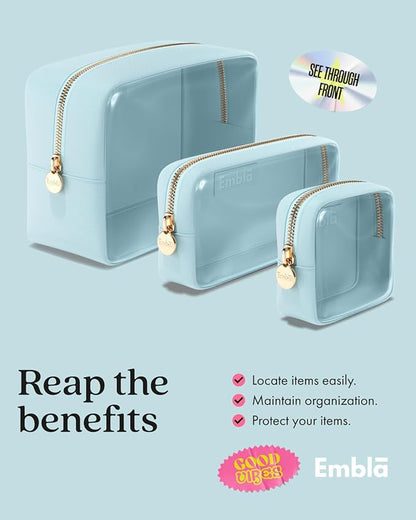 Embla Clear Cosmetic Bags Set of 3, Mini Small Large Makeup Bags For Women Clear Pouch Cosmetics Cases Zipper Cute Pouches Make Up Travel Toiletry Essentials Preppy Purse Organizer Makeup Cases, Sky
