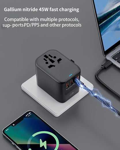 GaN 45W Universal Travel Adapter, International Power Adapter with 5-Port PD Fast Charging (2 USB-C, 2 USB-A, 1 AC) - 100V-240V Travel Adapter Worldwide Plug for US EU UK AUS Asia (Type A/C/G/I)