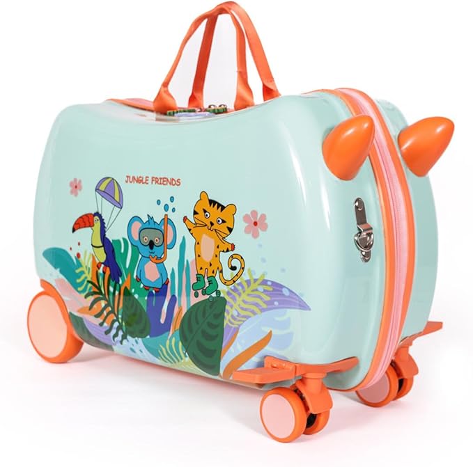 MILK&MOO Rideable Kids Suitcase Jungle Friends, Fun and Safe, Durable, Spacious and Ergonomic Design, 360° Swivel Wheels, for Children Aged 2-6 Years, 21 L, Maximum Riding Weight 50 kg / 110 Lb