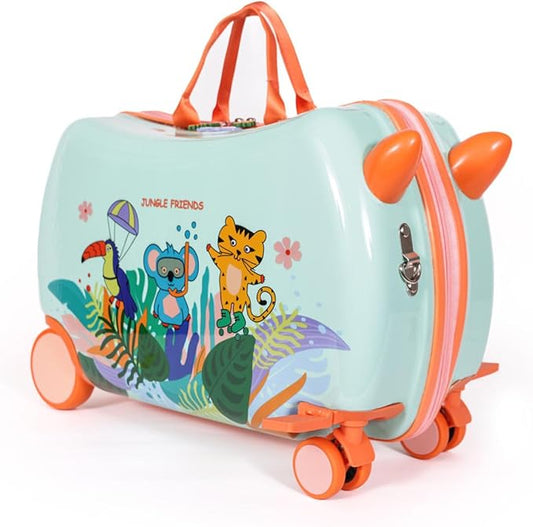 MILK&MOO Rideable Kids Suitcase Jungle Friends, Fun and Safe, Durable, Spacious and Ergonomic Design, 360° Swivel Wheels, for Children Aged 2-6 Years, 21 L, Maximum Riding Weight 50 kg / 110 Lb