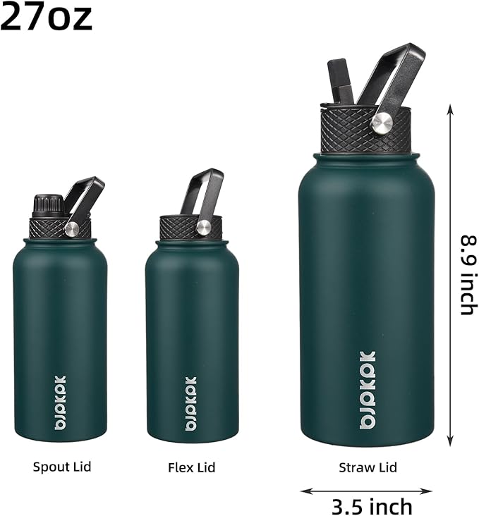 BJPKPK Insulated Water Bottles with Straw Lid, 27oz Stainless Steel Water Bottle with 3 Lids, Leak Proof BPA Free Metal Thermo, Mugs, Tumblers, Keep Cold Hot - Army Green