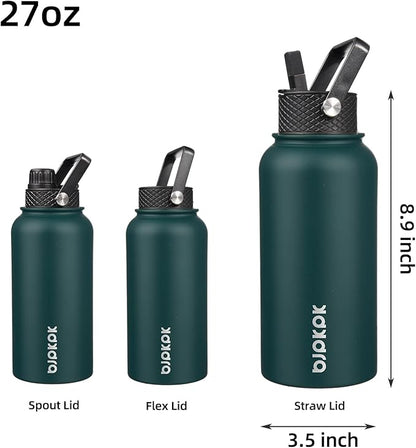 BJPKPK Insulated Water Bottles with Straw Lid, 27oz Stainless Steel Water Bottle with 3 Lids, Leak Proof BPA Free Metal Thermo, Mugs, Tumblers, Keep Cold Hot - Army Green