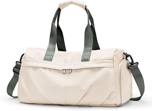 Gym Bag for Women Men with Shoe Compartment, Sport Duffel Bag, Waterproof Travel Weekender Overnight Carry on Bag for Yoga with Trolley Sleeve, Beige Green