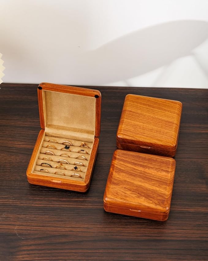 Solid Wood Ring Organizer, Handmade Walnut Jewelry Case for Multiple Rings, Cufflinks, Earrings - Portable Travel Size - Wooden Vintage Gift for Women, Valentine, Mother's Day