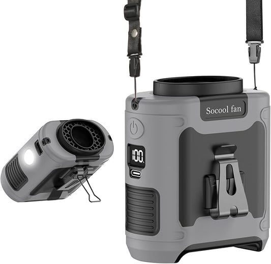 Socool 10000mAh Portable Waist Fan Clip on Wearable Belt Personal Fan Rechargeable Battery operated With 5 Speeds & Flashlight Neck Hands-Free 40H Cooling For Outdoor Camping Travel (Gray）