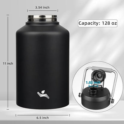 1 Gallon Jug with Handle,128 oz Insulated Water Bottle with Carrying Pouch, Double Wall Vacuum Stainless Steel Metal Bottle,Black