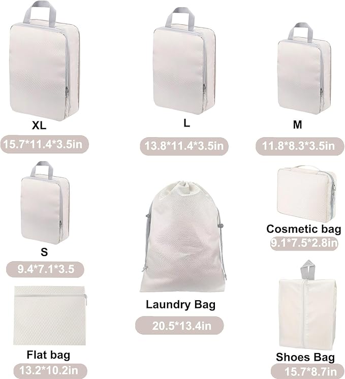 Compression Packing Cubes, 8 Set Organizers for Carry On Suitcases, Travel Essentials, Lightweight Expandable Luggage and Accessories (BEIGE)