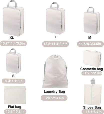 Compression Packing Cubes, 8 Set Organizers for Carry On Suitcases, Travel Essentials, Lightweight Expandable Luggage and Accessories (BEIGE)