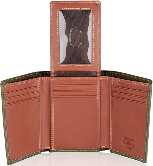 Stealth Mode Trifold Wallet - RFID Blocking Wallet with Flip ID Holder - Leather Case for Money, Credit Cards - Mens Organizer, Divided Billfold, Identity Protection - Men's Gifts (Camo)