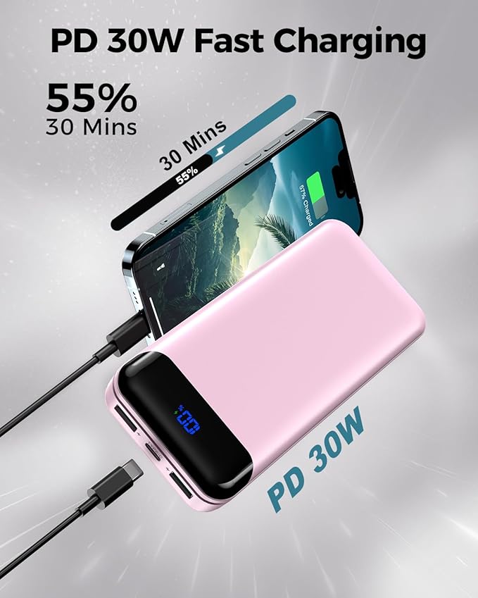Portable Charger Power Bank 40000mAh Powerbank PD 30W and QC 4.0 Fast Charging External Battery Pack with USB-C LED 3 Outputs & 2 Inputs Portable Charging for iPhone 15 14 13 (Pink)