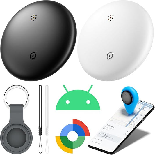 Air Tracker Tags-2 Pack for Android with Case- Bluetooth Tracker Item Finder for Key, Wallet, Works with Google Find Hub, IP66 Waterproof, Smart Tag for Android & Samsung Phones White & Black