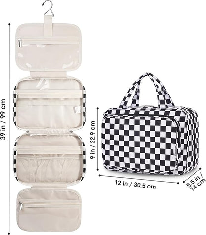 Narwey Travel Toiletry Bag for Women Large Hanging Makeup Bag Organizer Toiletries Bag for Full Size Essentials Accessories Cosmetics (Black Checkerboard (Large))
