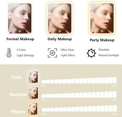 Travel Makeup Bag with LED Lighted Mirror, Travel Makeup Organizer,3 Color Setting Cosmetic Makeup Box, Adjustable Dividers and Brush Holder（white）