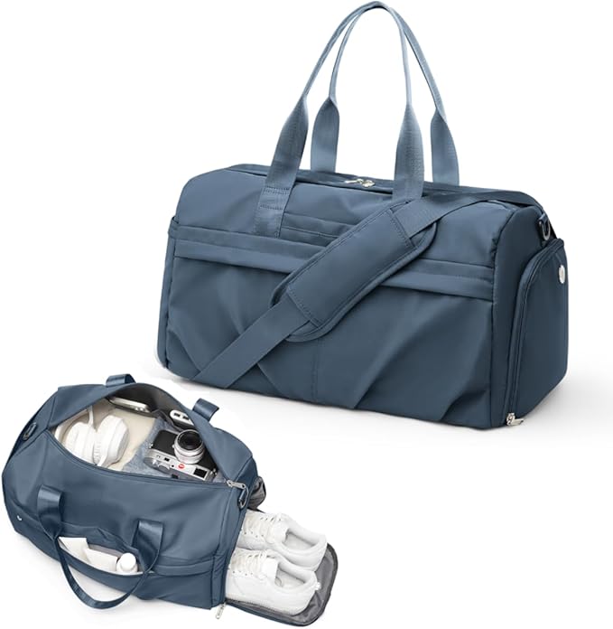 Gym Bag for Women Men with Shoe Compartment, Sport Duffel Bag, Waterproof Travel Weekender Overnight Carry on Bag for Yoga with Trolley Sleeve, Jewel Blue