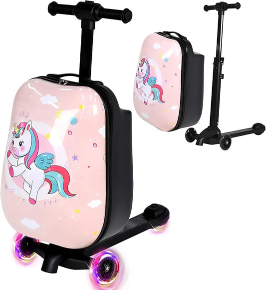 smilesun 4-in-1 Detachable Scooter Suitcase for Kids & Teenagers, Lightweight Hardside Ride-On Suitcase, Foldable Design, Perfect Travel Gift for Girls(Pink Cute Pony 22-inch)