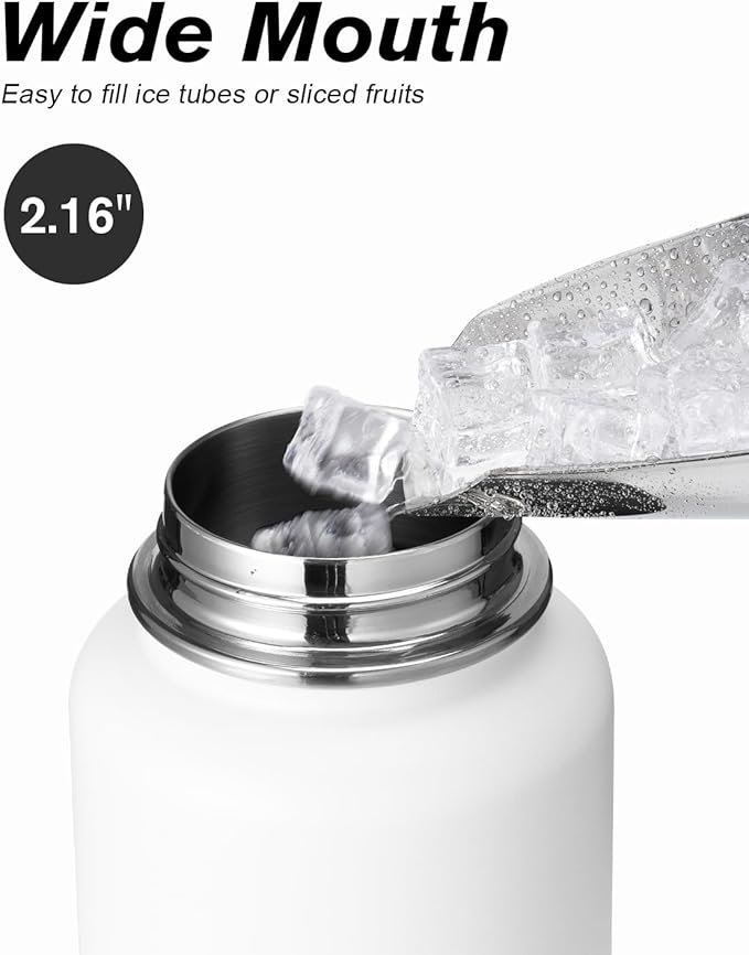 Coolflask Water Bottle 40 oz Insulated with Straw, Stainless Steel Metal 3 Lids Water Flask for Sports or Office, Keep Cold 48H Hot 24H, White