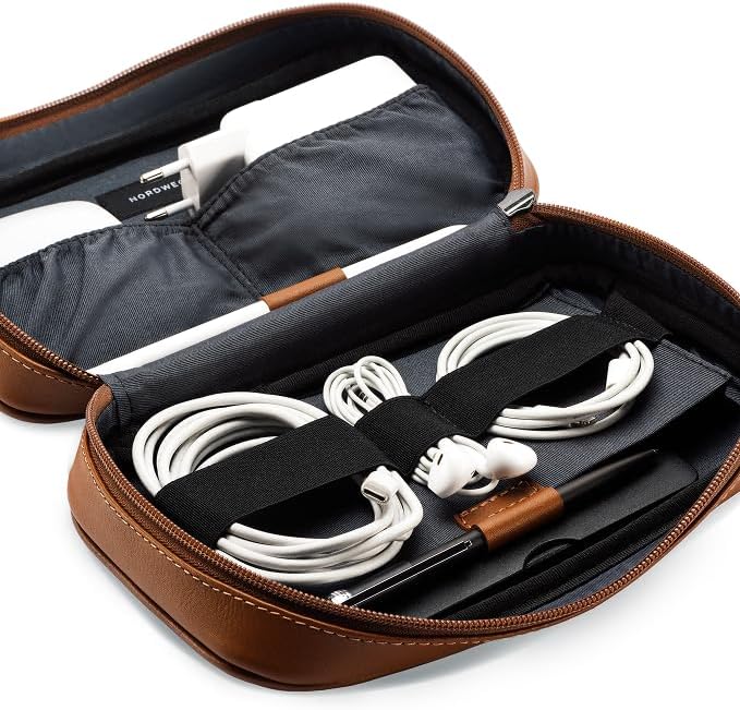 Nordweg Leather Tech Organizer NWA05 – Handcrafted Full-Grain Travel Case for Cables, Chargers & Accessories – Premium Leather Pouch for Work, Travel – Ideal Gift for Men & Women - Caramel