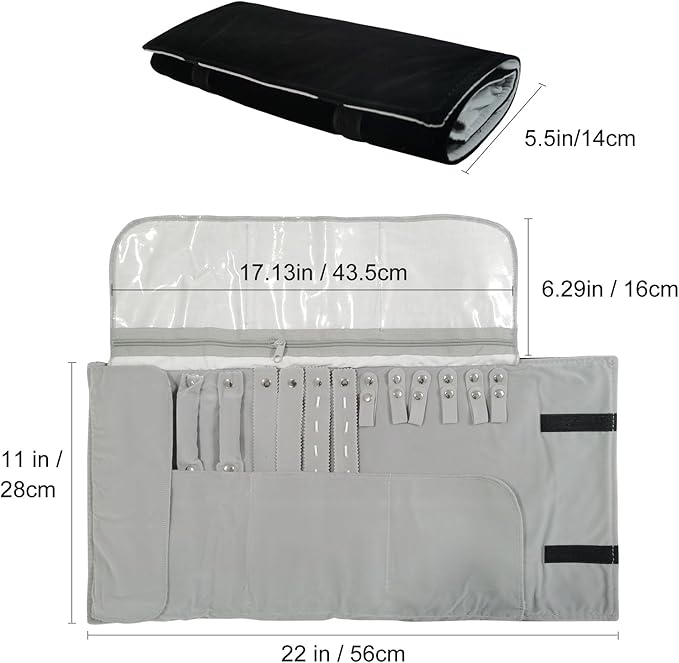 Velvet Travel Jewelry Case Roll Bag Organizer for Necklace Bracelet Earrings Ring (Black) (grey and black)