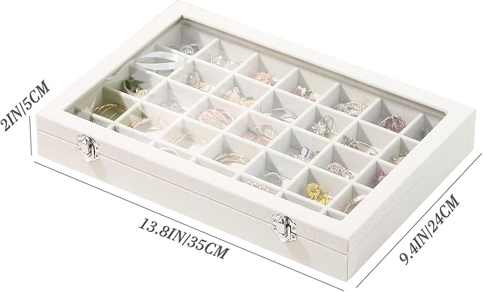 Coward Ring Earring Jewelry Organizer Box, 35 Grids Dustproof Display Holder Case, Beige Velvet Jewelry Bead Display Tray Case with Transparent Glass Lid for Momen Girls