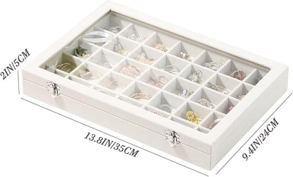 Coward Ring Earring Jewelry Organizer Box, 35 Grids Dustproof Display Holder Case, Beige Velvet Jewelry Bead Display Tray Case with Transparent Glass Lid for Momen Girls