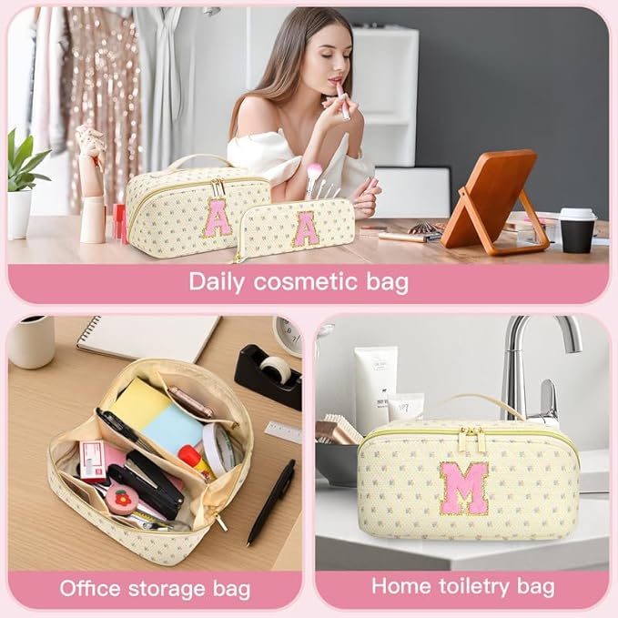 Personalized Travel Makeup Bag Set,Initial Travel Cute Floral Makeup Organizer Bag,Toiletry Skincare Cosmetic Bag,Christmas Gifts for Women/Girls,Open Flat Toiletry Pouch with Brush Pocket-G