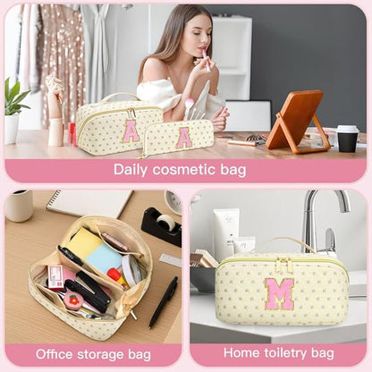 Personalized Travel Makeup Bag Set,Initial Travel Cute Floral Makeup Organizer Bag,Toiletry Skincare Cosmetic Bag,Christmas Gifts for Women/Girls,Open Flat Toiletry Pouch with Brush Pocket-O