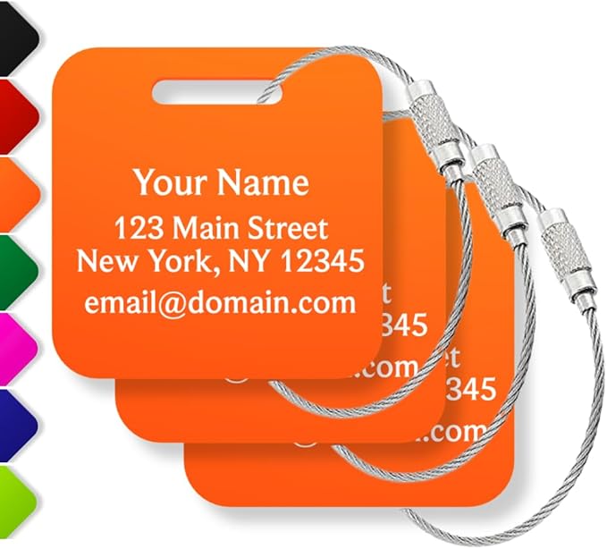 Custom Luggage Tags (3 or 6 Pack) - Personalized Unique Suitcase & Backpack Travel, Durable, Waterproof & Heavy Duty (Orange)