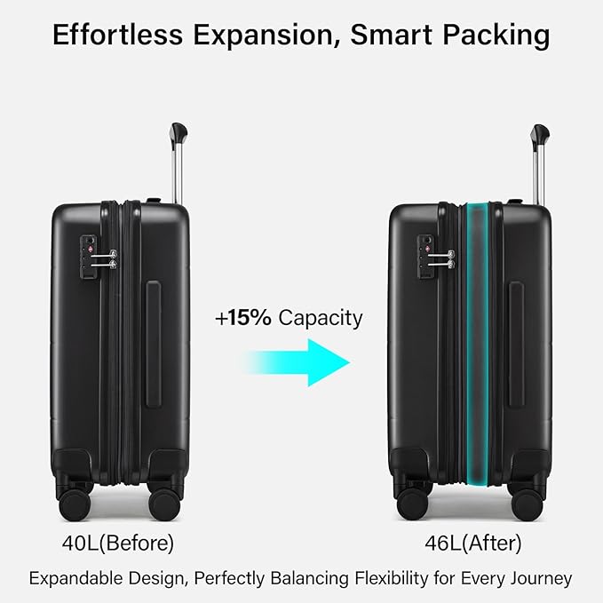 Hanke Expandable Carry On Luggage 22x14x9 Airline Approved, 20 Inch Hardside Luggage with Spinner Wheels, All-PC Hard Shell Carry-On Suitcase, Lightweight & TSA Approved (Jet Black, 46L)