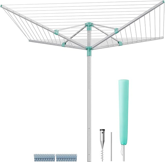 SONGMICS Umbrella Drying Rack, Retractable Outdoor Drying Rack, Height Adjustable, 197 ft Long Clothesline, Holds 6 Laundry Loads, for Garden, with Ground Spike, Cover, Silver and Green ULLR302E01