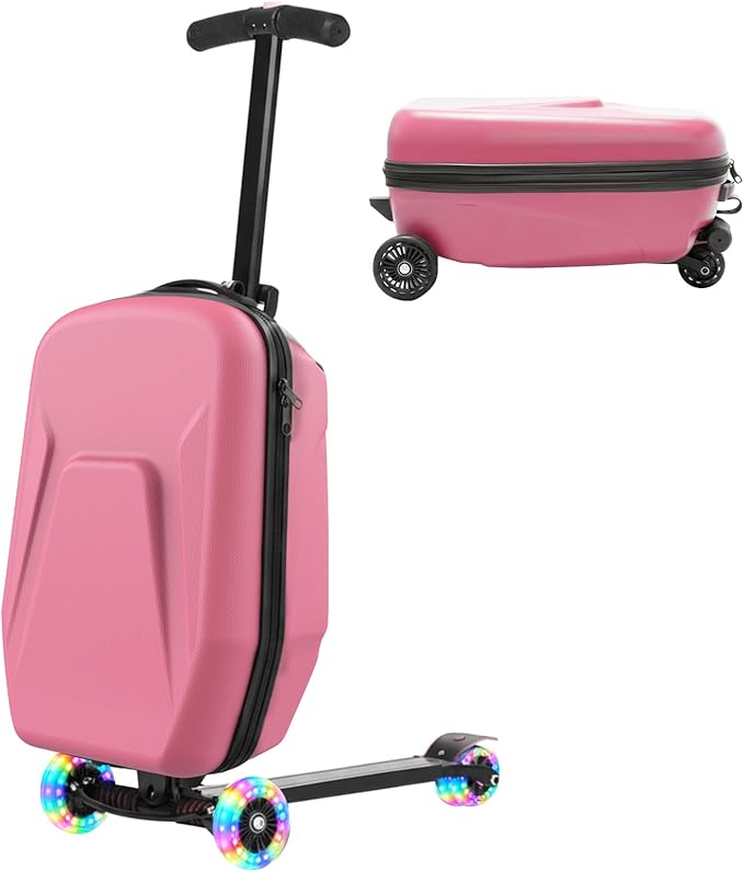 20" Hardshell Scooter Suitcase for Kid & Adult Foldable 2 in 1 Ride on Carry on Travel Trolley Scooter Luggage With Wheels