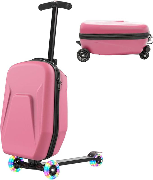 20" Hardshell Scooter Suitcase for Kid & Adult Foldable 2 in 1 Ride on Carry on Travel Trolley Scooter Luggage With Wheels