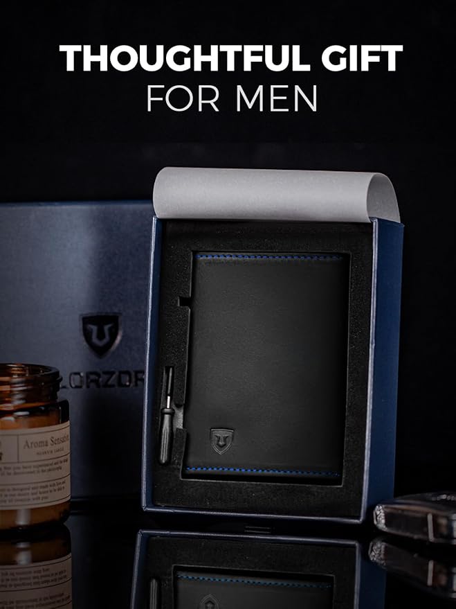 LORZOR Minimalist Wallet for Men with Credit Card Holder, Finest Full Grain Leather, Pop up Smart Wallet, Trifold Slim Wallet, RFID Blocking, Front Pocket, ID Window