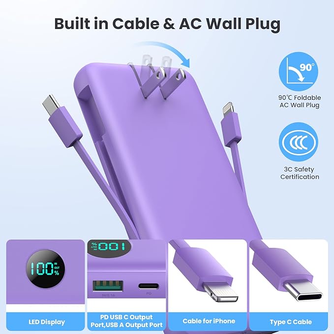 Portable Charger 33800mAh USB C Power Bank with Built-in Cables & AC Wall Plug,25W Fast Charging+QC 4.0 Phone Charger,4 Output Travel Essentials Battery Pack for iPhone16/15/14/13,Samsung,Android etc