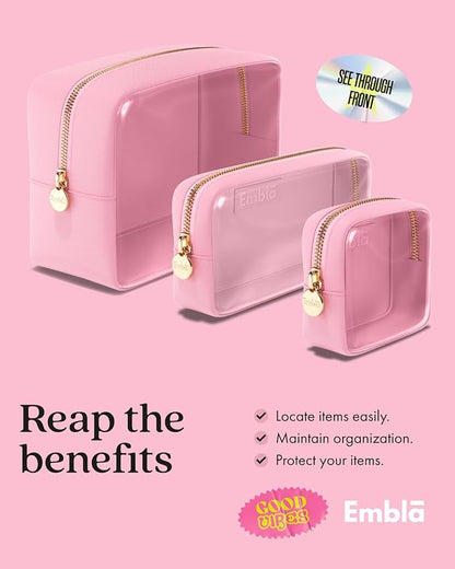 Clear Cosmetic Bags Set of 3, Mini Small Large Makeup Bags For Women Clear Pouch Cosmetics Cases Zipper Cute Pouches Make Up Travel Toiletry Essentials Preppy Purse Organizer Makeup Cases, Flamingo