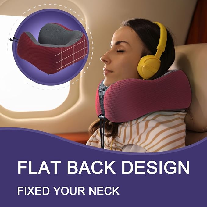 napfun Neck Pillow for Traveling, Upgraded Travel Neck Pillow for Airplane 100% Pure Memory Foam Travel Pillow for Flight Headrest Sleep, Portable Plane Accessories, Luxury Sets (Optional), Wine-Red