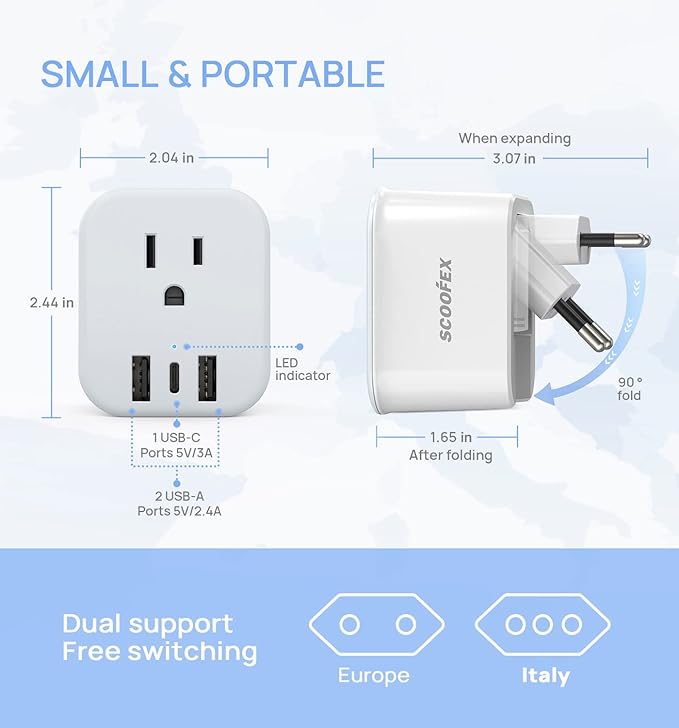 European Travel Plug Adapter - SCOOFEX Foldable Power Plug with 3 USB (1 USB C Port) and 1 AC Outlets Charger for US to Most of Europe - EU France Germany Spain Italy（Type C/L）