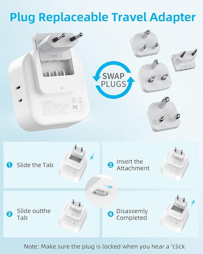 European Travel Plug Adapter Set, 8-in-1 Travel Adapter with 4 Outlets, 4 USB Ports (2 USB C), US to UK/EU/South Africa, International Power Adapter with Type C/G/D/M Detachable Plugs
