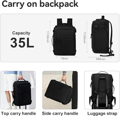 Carry On Travel Backpack Flight Approved Laptop Backpack Business Work Backpack for Women Men Large Capacity Casual Daypack with Wet/Dry Separation Pockets, Black
