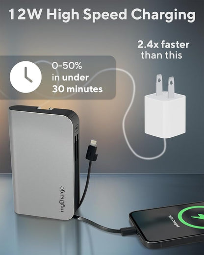 myCharge Portable Charger with Wall Plug – 10050mAh Fast Charger – Power Bank for iPhone, Samsung, Android & More - External Battery Pack Portable Charger with Built-in Cables (Lightning + USB-C)
