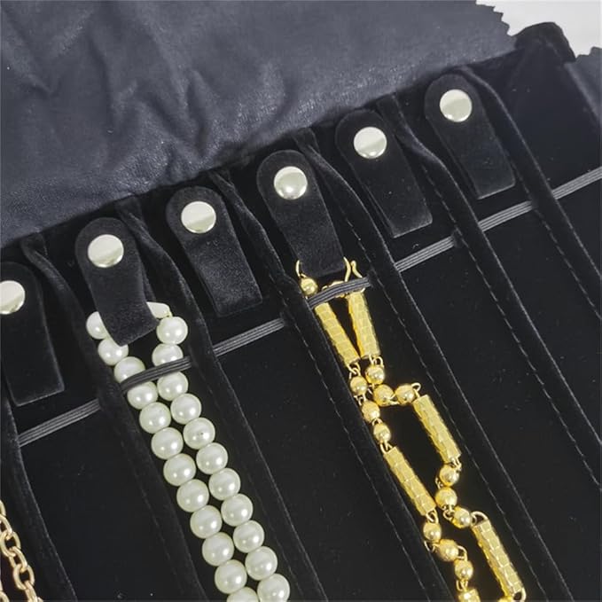 Portable Jewelry Roll Untangled Secure Necklace Travel Storage Bag Displays Holder 16 Chain (Gray PU and Black Velvet)